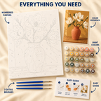Magnolia Clay Vase paint by numbers kit showing numbered canvas, paint pots, three brushes, reference and guide