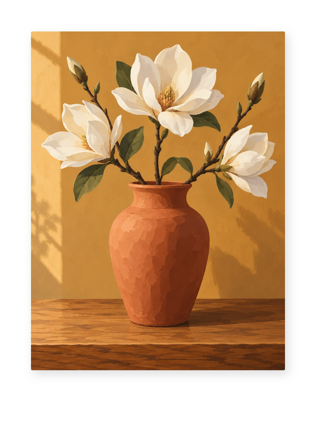 White magnolias in a terracotta vase against a warm ochre wall - paint by numbers artwork