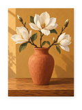 White magnolias in a terracotta vase against a warm ochre wall - paint by numbers artwork