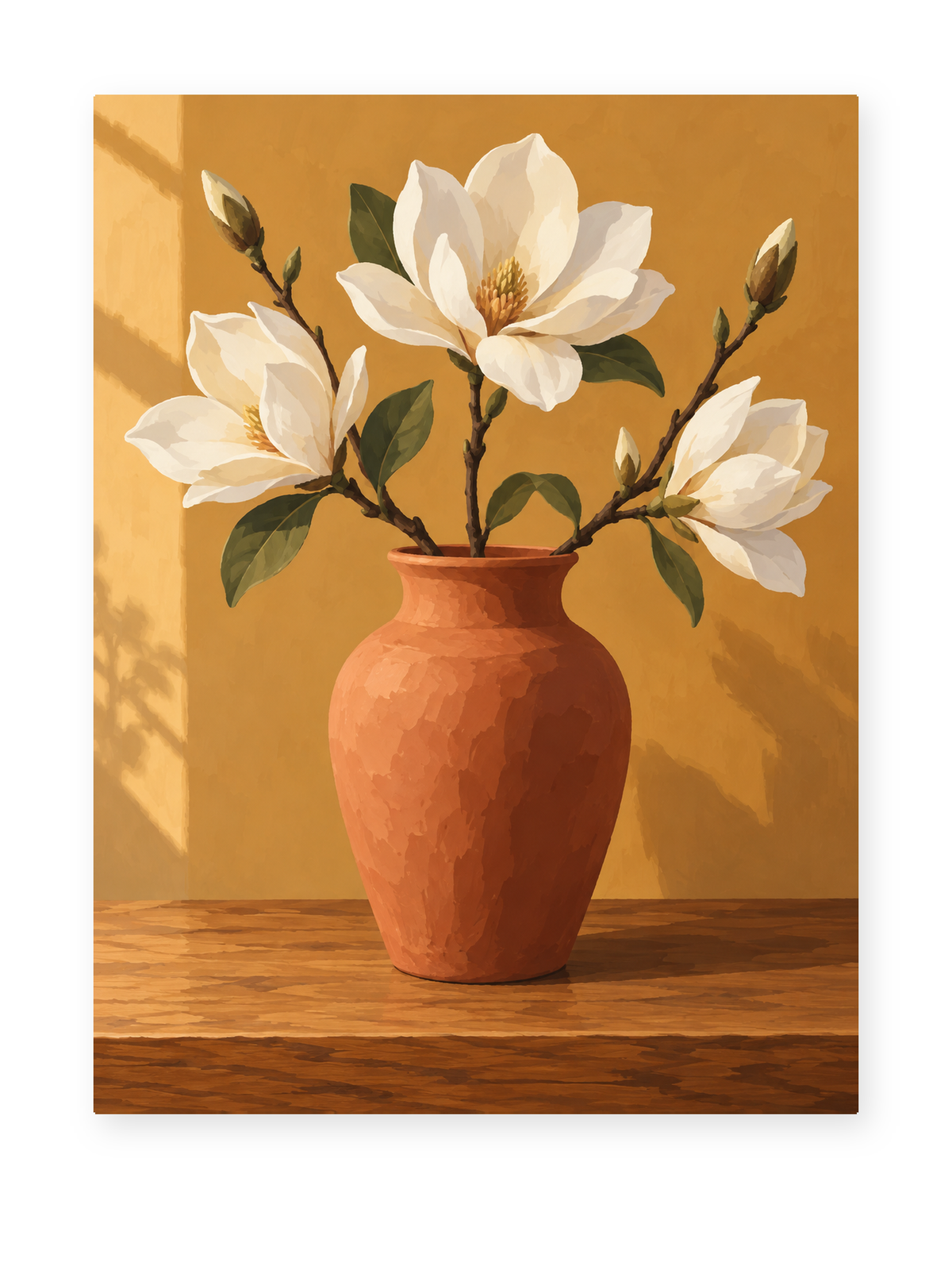 White magnolias in a terracotta vase against a warm ochre wall - paint by numbers artwork