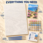 Coastal Heather Path paint by numbers kit showing numbered canvas, paint pots, three brushes, reference and guide