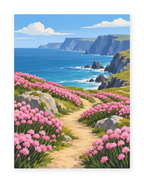 A heather-lined coastal path above blue water and cliffs - paint by numbers artwork