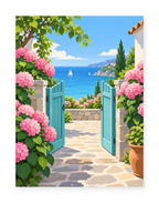 Turquoise garden gates opening between pink hydrangeas toward the sea - paint by numbers artwork