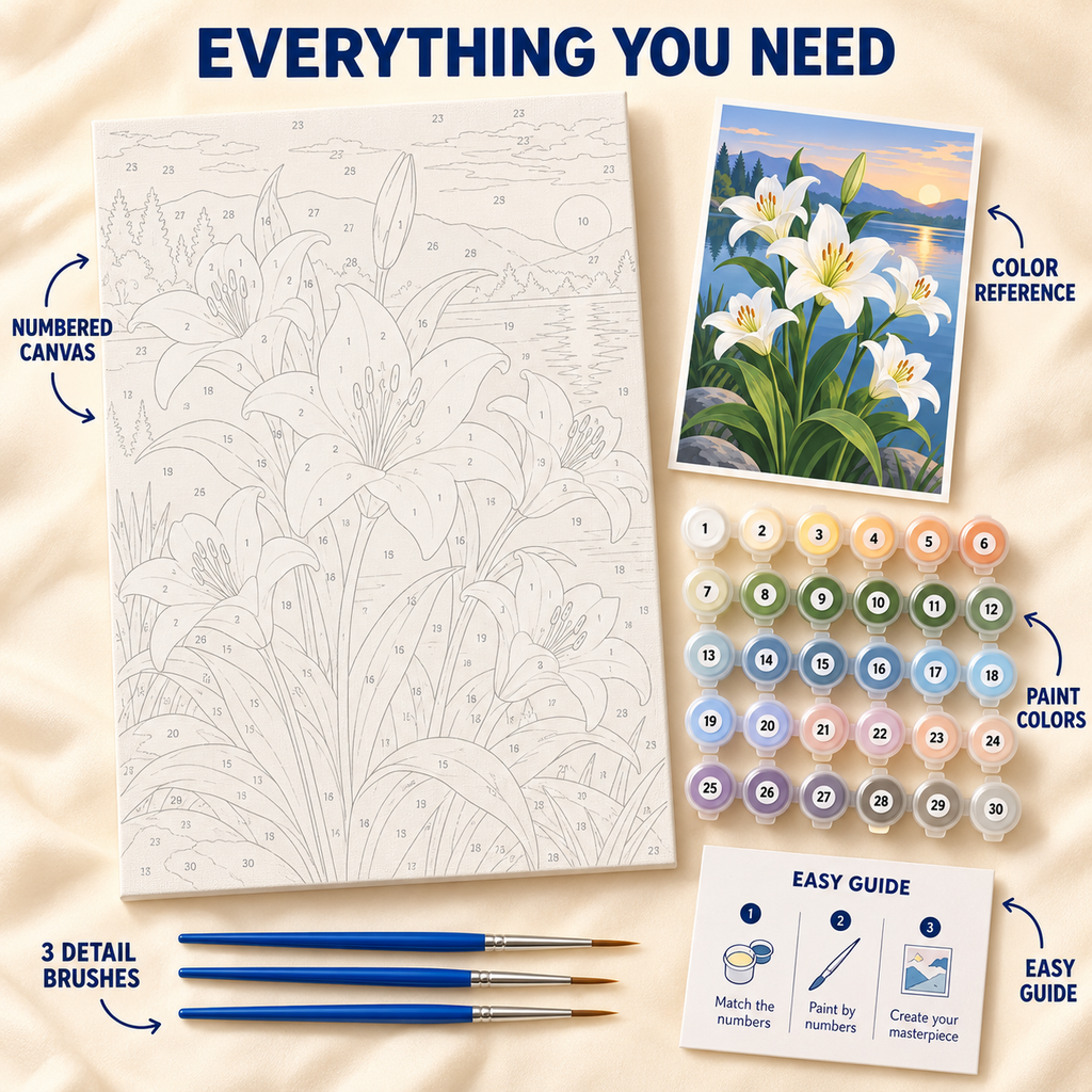 Lakeside Lilies paint by numbers kit showing numbered canvas, paint pots, three brushes, reference and guide