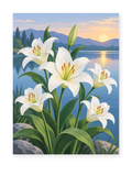 White lilies beside a calm lake and distant mountains at sunset - paint by numbers artwork