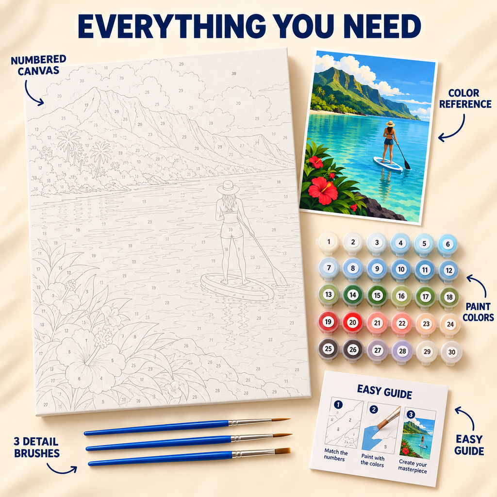 Tropical Paddleboard paint by numbers kit showing numbered canvas, paint pots, three brushes, reference and guide