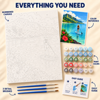Tropical Paddleboard paint by numbers kit showing numbered canvas, paint pots, three brushes, reference and guide