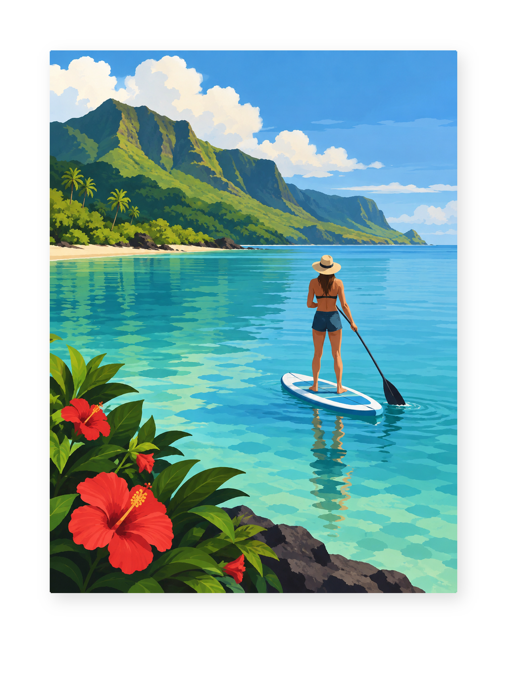 A paddleboarder on turquoise coastal water beneath tropical green mountains - paint by numbers artwork