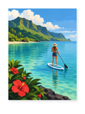 A paddleboarder on turquoise coastal water beneath tropical green mountains - paint by numbers artwork