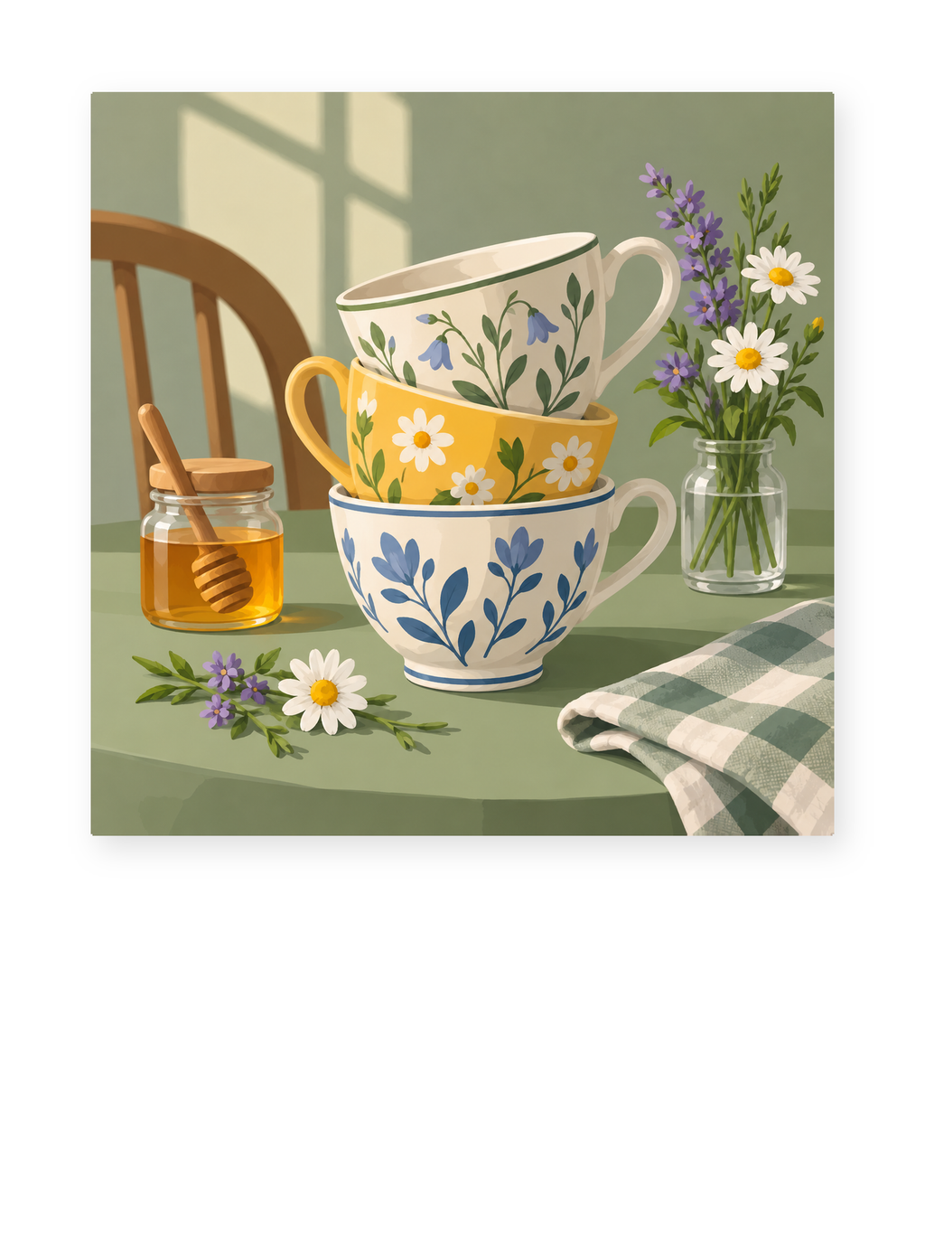 Stacked floral teacups beside a jar of daisies and lavender - paint by numbers artwork