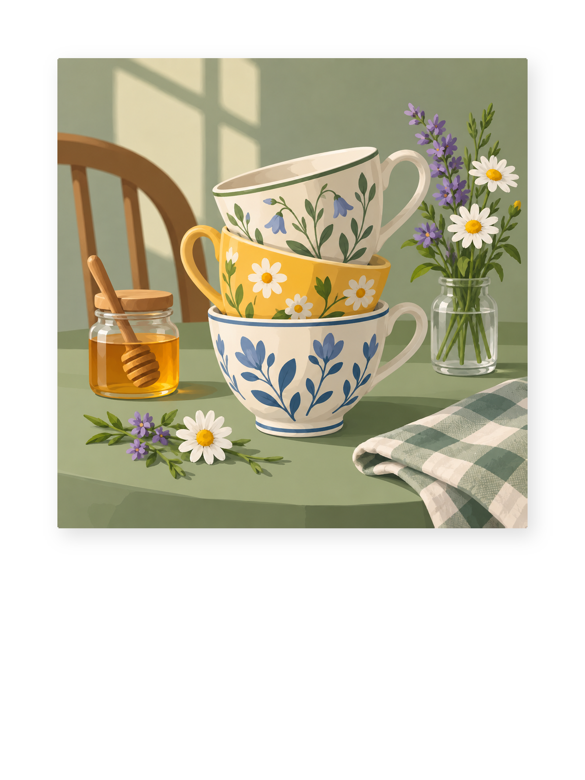 Stacked floral teacups beside a jar of daisies and lavender - paint by numbers artwork