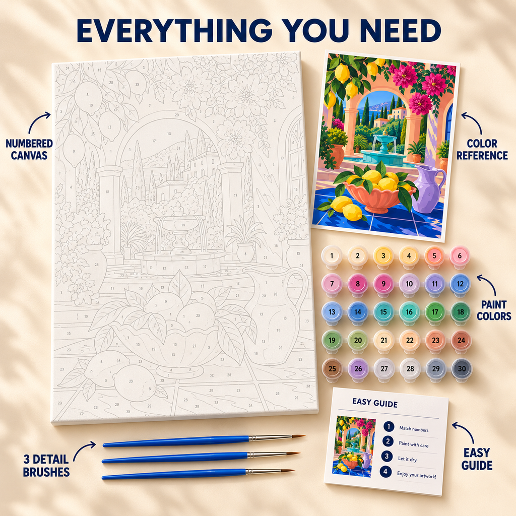 Lemon Courtyard paint by numbers kit showing numbered canvas, paint pots, three detail brushes, color reference and painting guide