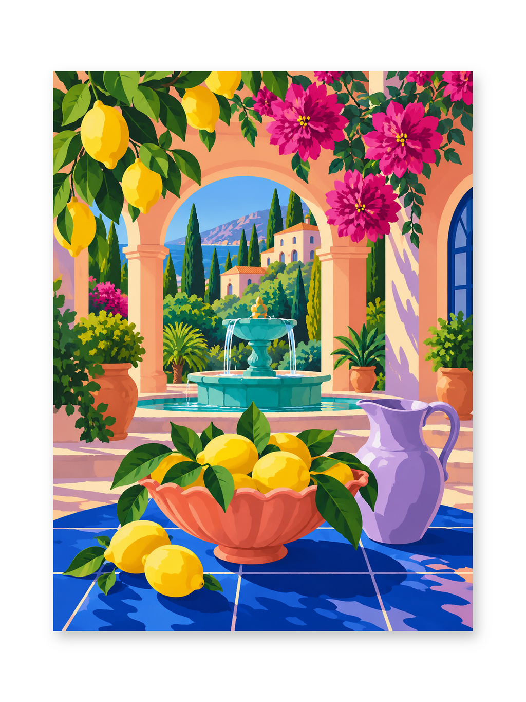 A bowl of lemons and a lavender pitcher on a blue tiled table beneath bougainvillea and lemon branches in a sunny courtyard - paint by numbers artwork