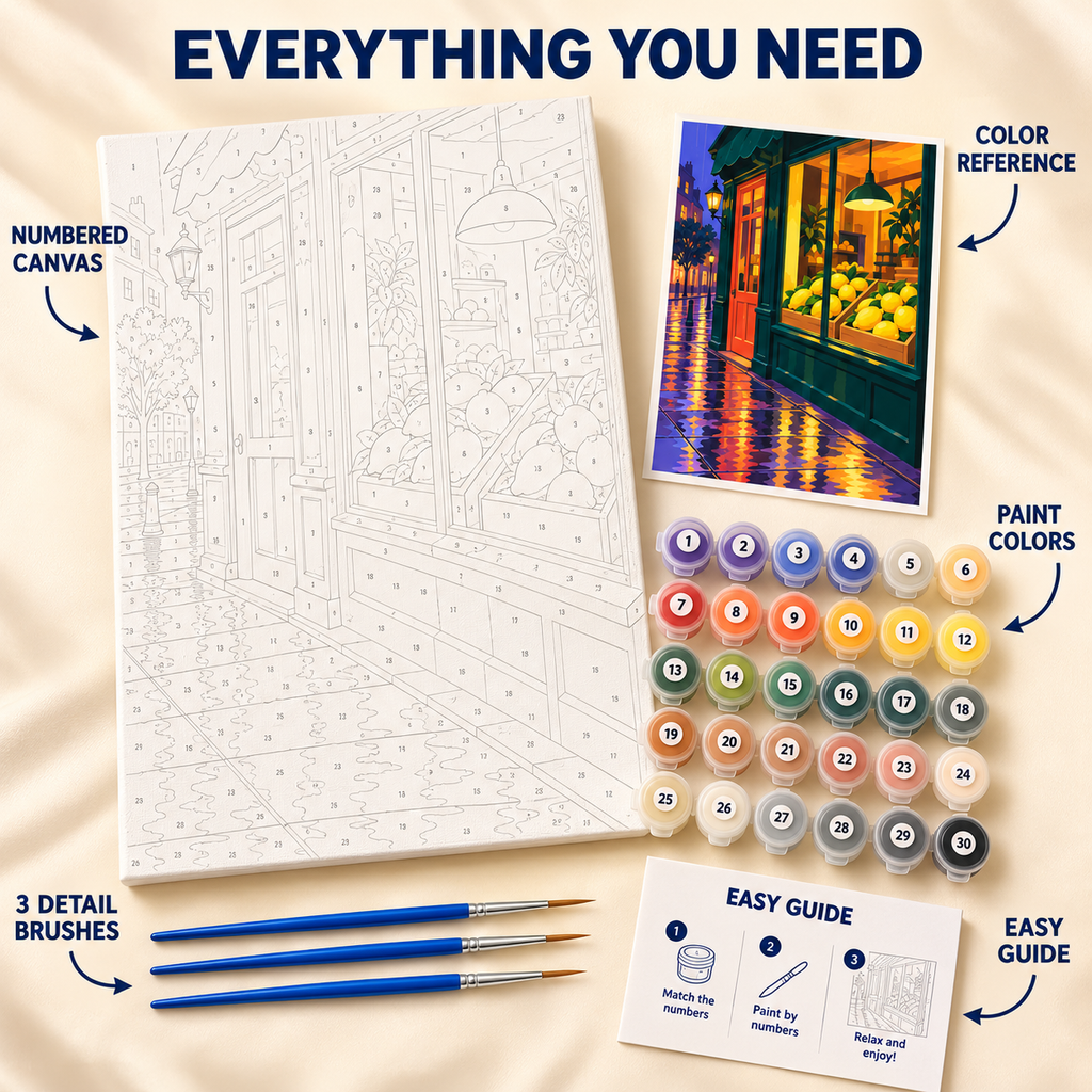 Midnight Lemon Shop paint by numbers kit showing numbered canvas, paint pots, three detail brushes, color reference and painting guide