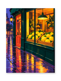 A warmly lit lemon shop with a green storefront and red door reflected on a rain-soaked evening street - paint by numbers artwork