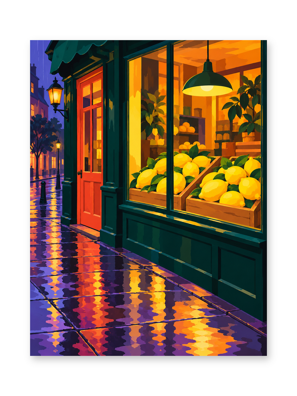 A warmly lit lemon shop with a green storefront and red door reflected on a rain-soaked evening street - paint by numbers artwork