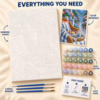 Blueberry Porch paint by numbers kit showing numbered canvas, paint pots, three detail brushes, color reference and painting guide