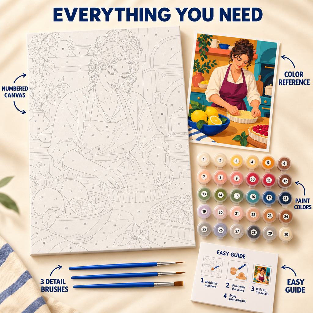 Lemon Tart Kitchen paint by numbers kit showing numbered canvas, paint pots, three detail brushes, color reference and painting guide