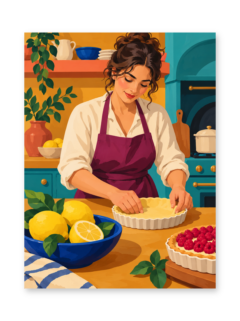A woman preparing a tart in a colorful kitchen beside a bowl of lemons and a berry-topped dessert - paint by numbers artwork