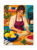 A woman preparing a tart in a colorful kitchen beside a bowl of lemons and a berry-topped dessert - paint by numbers artwork