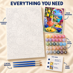 Amalfi Lemon Tea paint by numbers kit showing numbered canvas, paint pots, three detail brushes, color reference and painting guide