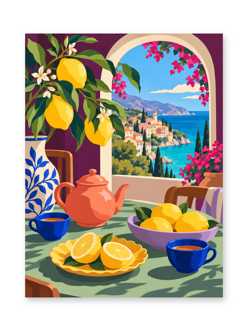 Lemon slices, blue cups and a coral teapot beside a patterned vase of lemon branches overlooking a coastal village - paint by numbers artwork