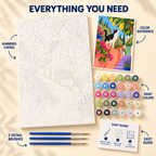 Lemon Tree Cat paint by numbers kit showing numbered canvas, paint pots, three detail brushes, color reference and painting guide