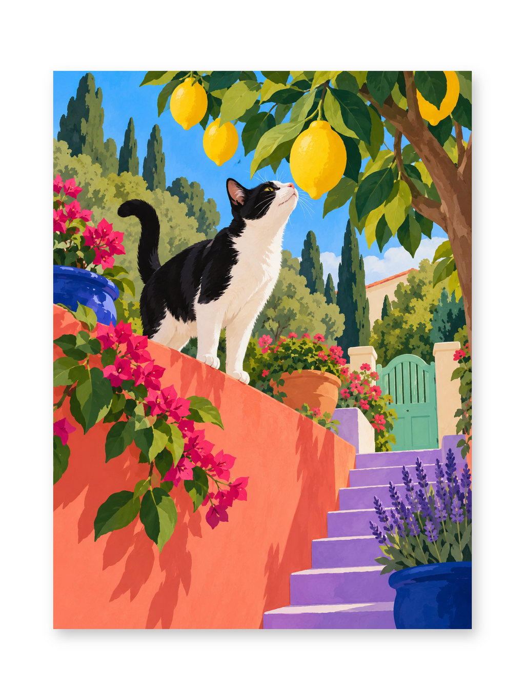 A black-and-white cat reaching toward lemons above a flower-lined terrace and purple steps with distant blue water - paint by numbers artwork