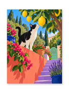 A black-and-white cat reaching toward lemons above a flower-lined terrace and purple steps with distant blue water - paint by numbers artwork
