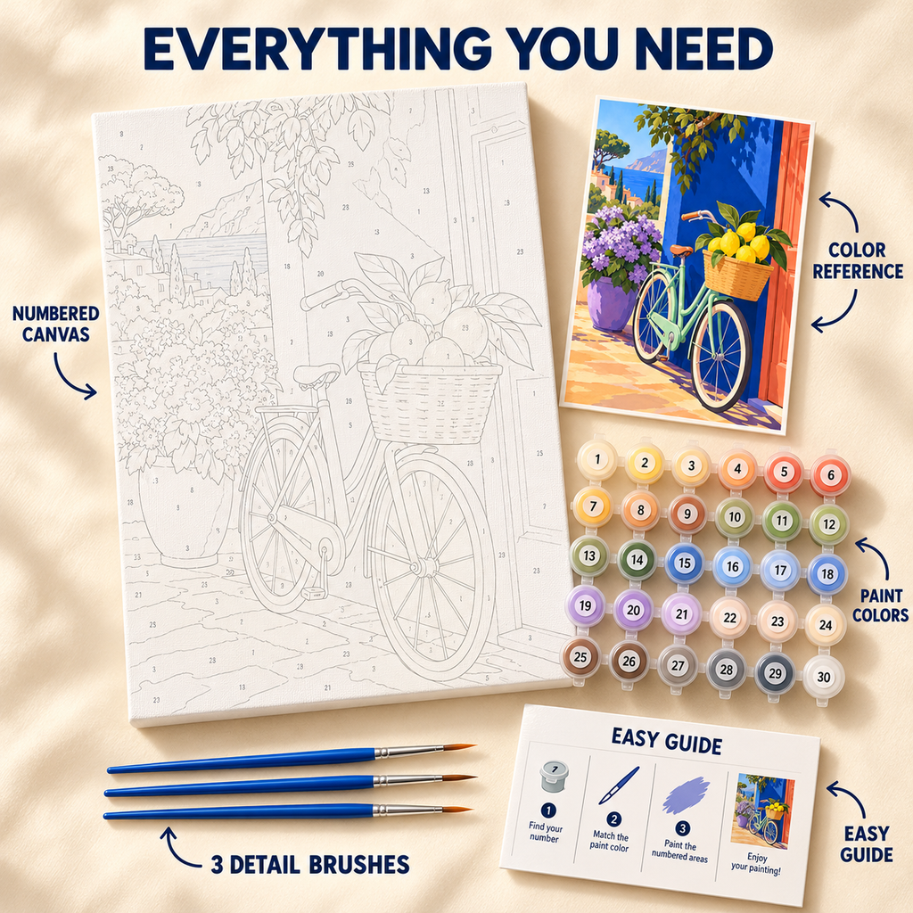Lemon Basket Bicycle paint by numbers kit showing numbered canvas, paint pots, three detail brushes, color reference and painting guide