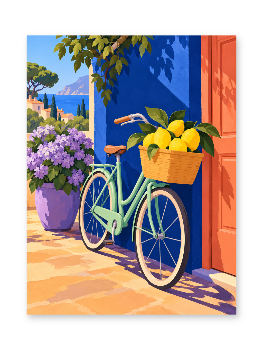 A mint bicycle with a basket of lemons leaning beside a blue wall and terracotta doorway in bright sunshine - paint by numbers artwork