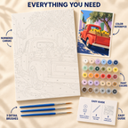 Citrus Pickup paint by numbers kit showing numbered canvas, paint pots, three detail brushes, color reference and painting guide