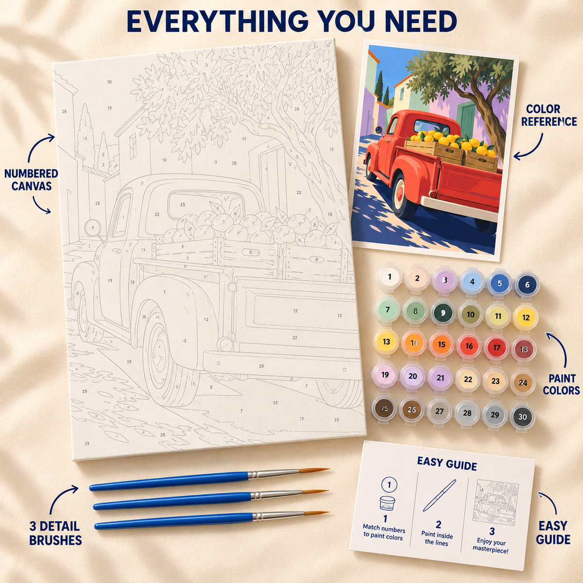 Citrus Pickup paint by numbers kit showing numbered canvas, paint pots, three detail brushes, color reference and painting guide