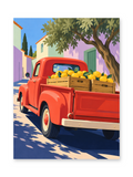 A red vintage pickup carrying wooden crates of lemons through a colorful sunlit village - paint by numbers artwork