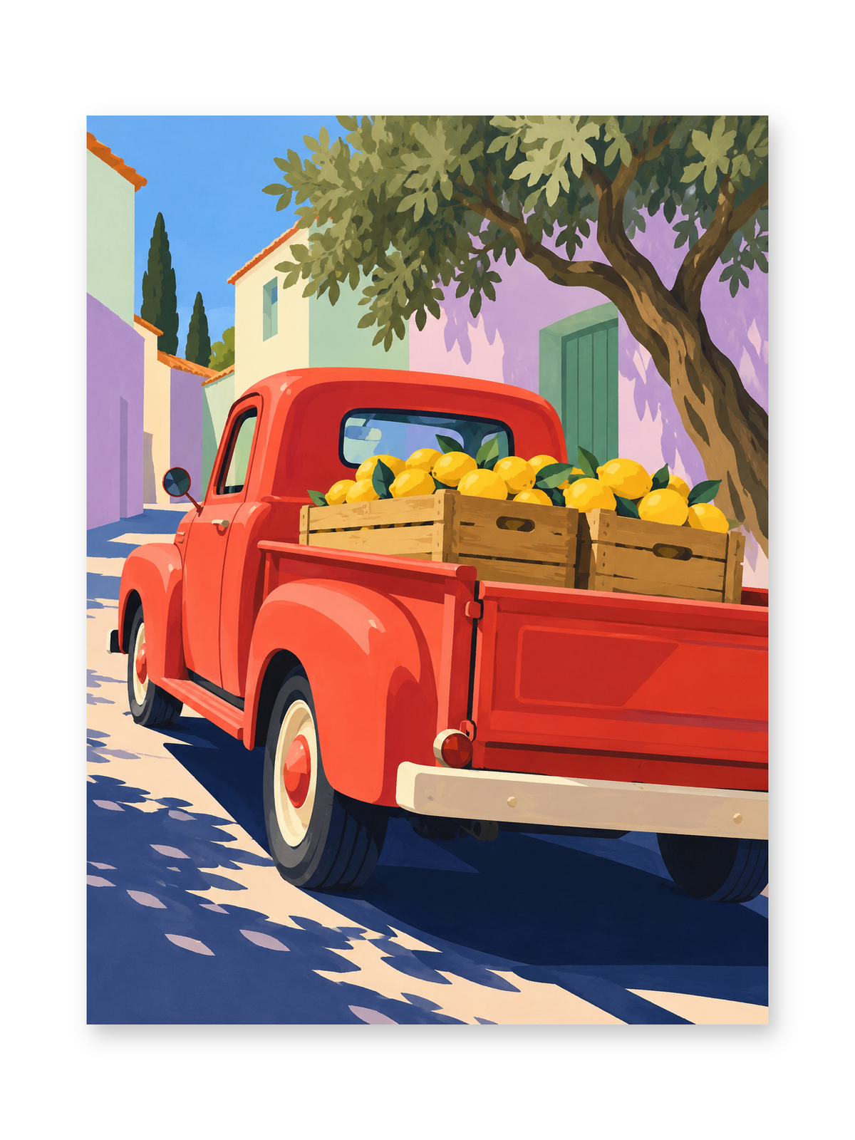 A red vintage pickup carrying wooden crates of lemons through a colorful sunlit village - paint by numbers artwork