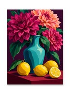 Pink and burgundy dahlias in a turquoise vase beside yellow lemons against a dark floral background - paint by numbers artwork