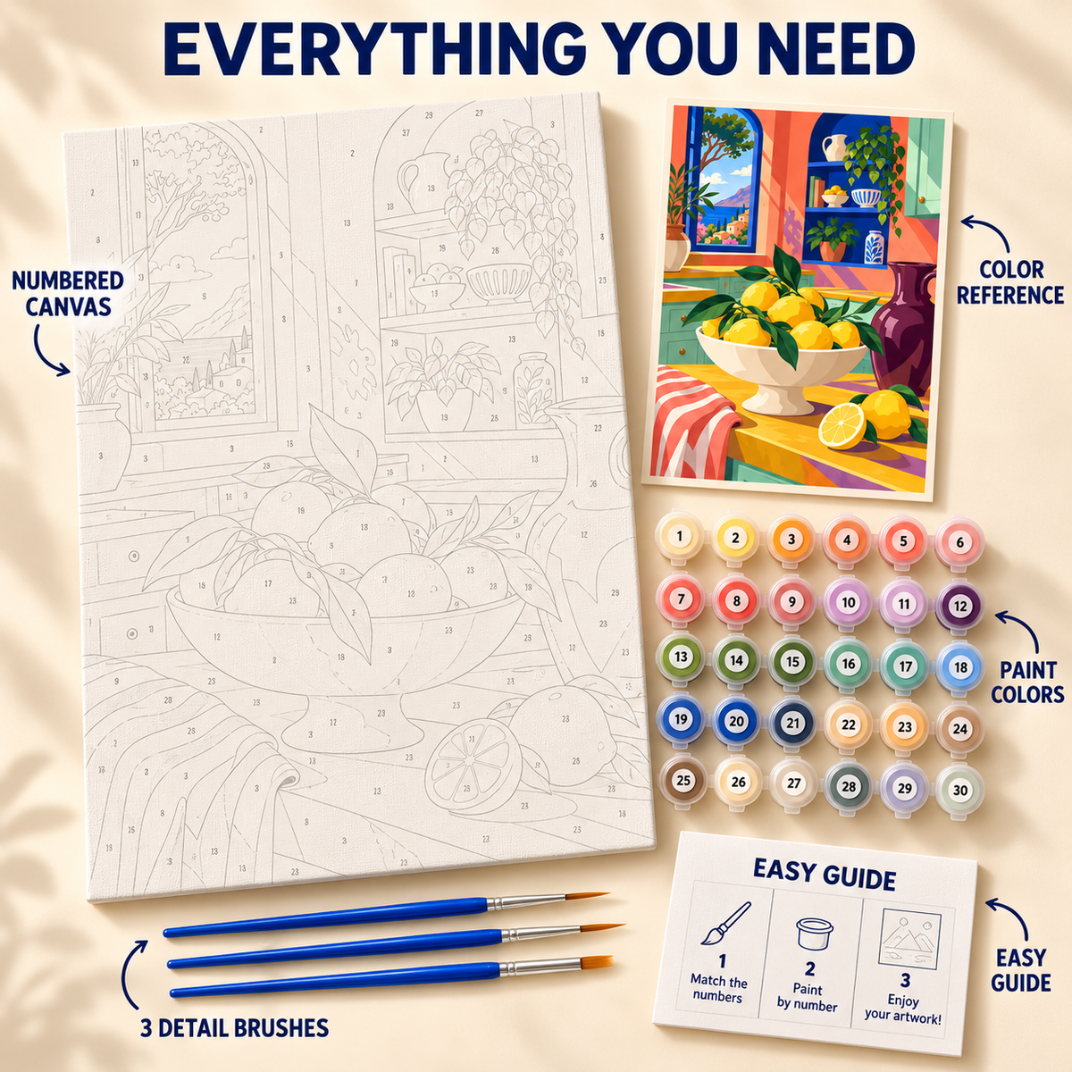 Sunny Lemon Bowl paint by numbers kit showing numbered canvas, paint pots, three detail brushes, color reference and painting guide