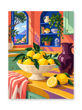 A white bowl of lemons beside a purple pitcher and striped cloth in a colorful sunlit kitchen - paint by numbers artwork