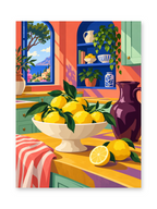 A white bowl of lemons beside a purple pitcher and striped cloth in a colorful sunlit kitchen - paint by numbers artwork