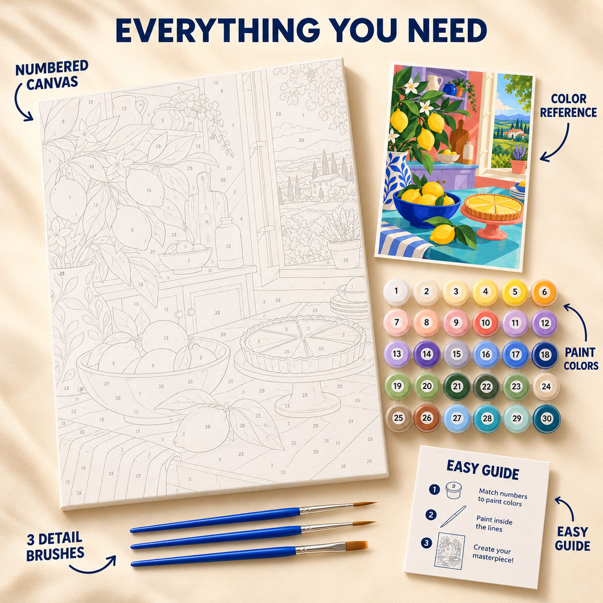 Lemon Tart Morning paint by numbers kit showing numbered canvas, paint pots, three detail brushes, color reference and painting guide