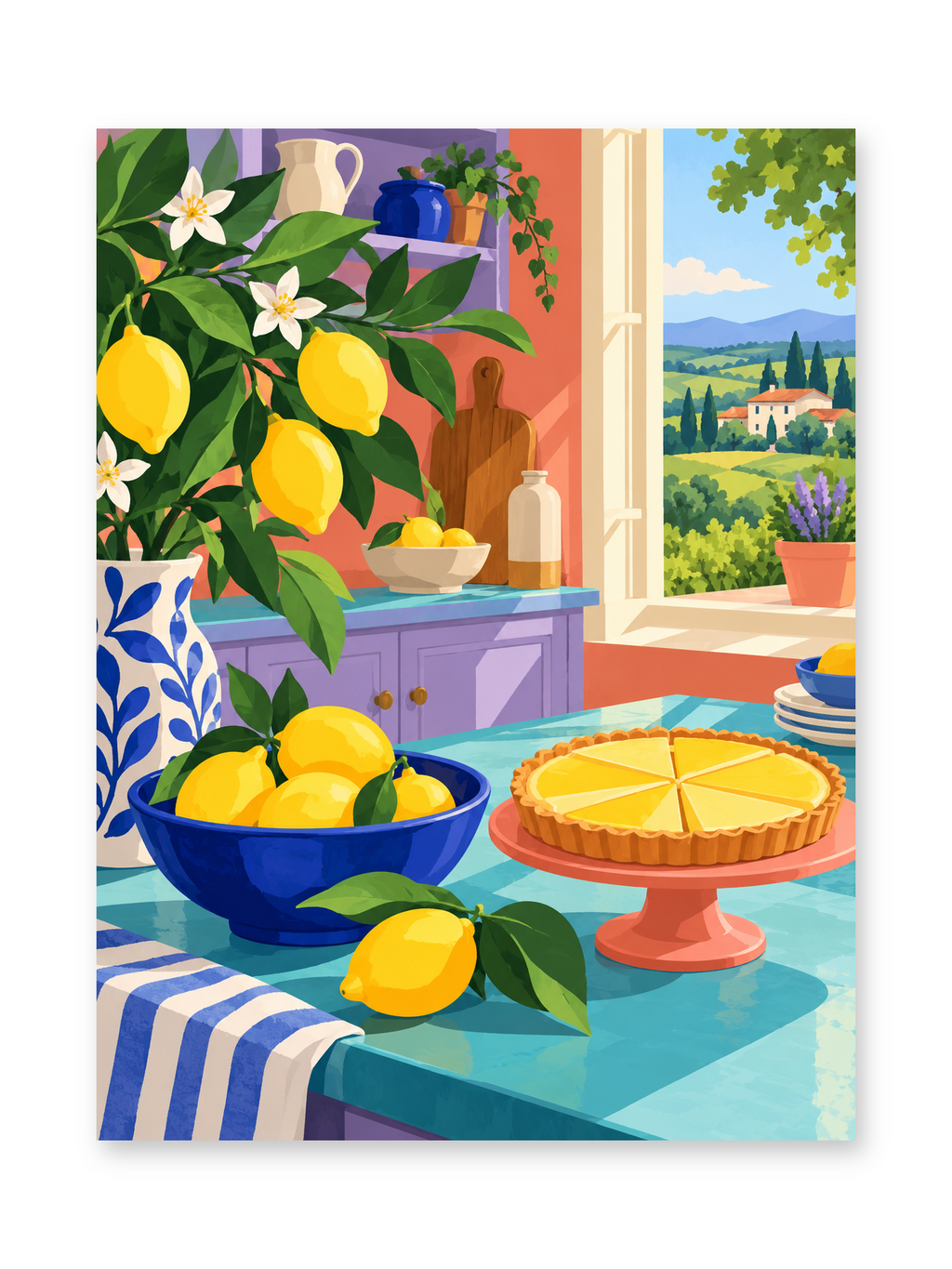 A golden lemon tart on a cake stand beside a blue bowl of lemons and a leafy vase at a sunny window - paint by numbers artwork