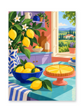 A golden lemon tart on a cake stand beside a blue bowl of lemons and a leafy vase at a sunny window - paint by numbers artwork