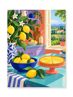 A golden lemon tart on a cake stand beside a blue bowl of lemons and a leafy vase at a sunny window - paint by numbers artwork
