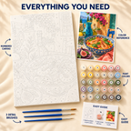 Mediterranean Lunch paint by numbers kit showing numbered canvas, paint pots, three detail brushes, color reference and painting guide
