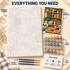 Cozy Pantry paint by numbers kit showing numbered canvas, paint pots, three detail brushes, color reference and painting guide