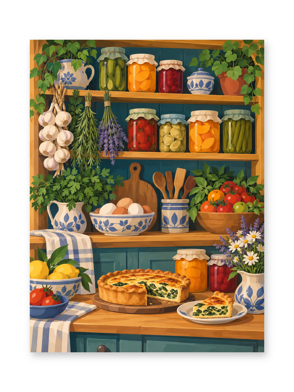 Shelves of preserves, patterned crockery and trailing plants above a wooden worktop with a savory tart - paint by numbers artwork