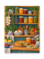 Shelves of preserves, patterned crockery and trailing plants above a wooden worktop with a savory tart - paint by numbers artwork