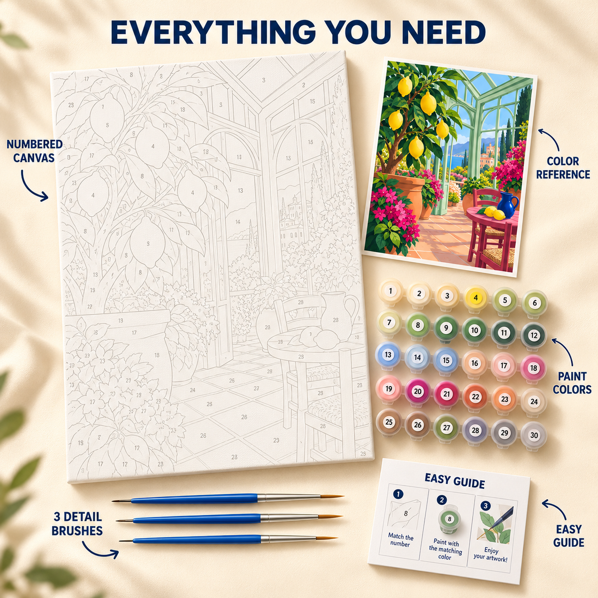 Lemon Conservatory paint by numbers kit showing numbered canvas, paint pots, three detail brushes, color reference and painting guide