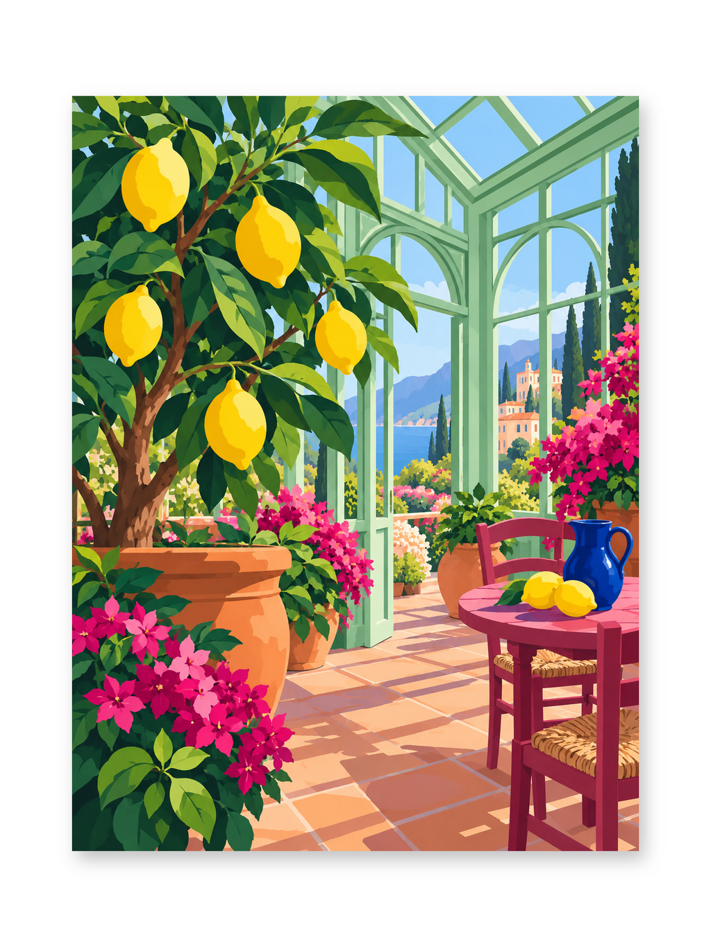 A potted lemon tree and pink flowers beneath the pale green glass roof of a sunlit conservatory - paint by numbers artwork