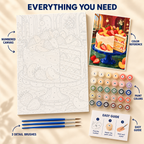 Strawberry Layer Cake paint by numbers kit showing numbered canvas, paint pots, three detail brushes, color reference and painting guide